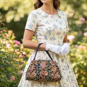 Vintage 50s Dover Floral Tapestry Needlepoint Carpet Bag Trapeziod Purse